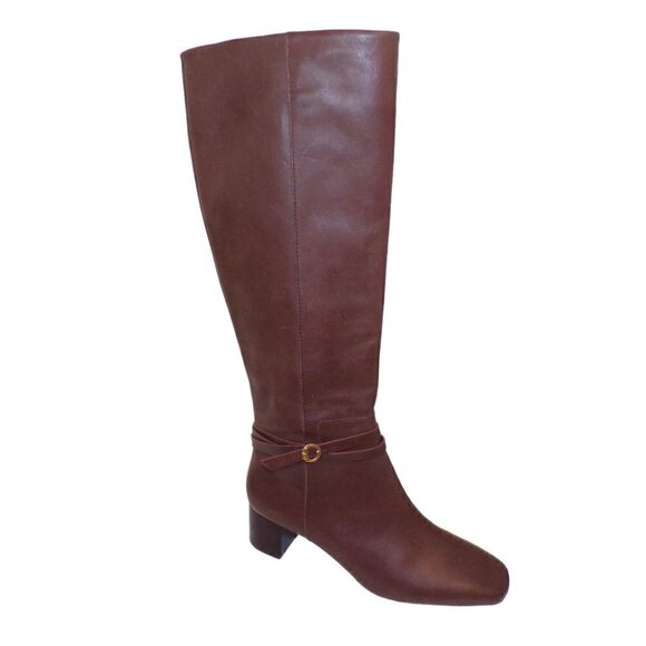 Tory Burch Squared Toe Mid Zip-Up-Perfect Brown Heeled Boot Gold Logo sz 8 New - Picture 1 of 7
